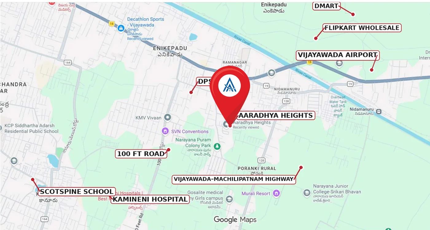 Map showing Aaradhya Heights at Nidamanuru with nearby landmarks