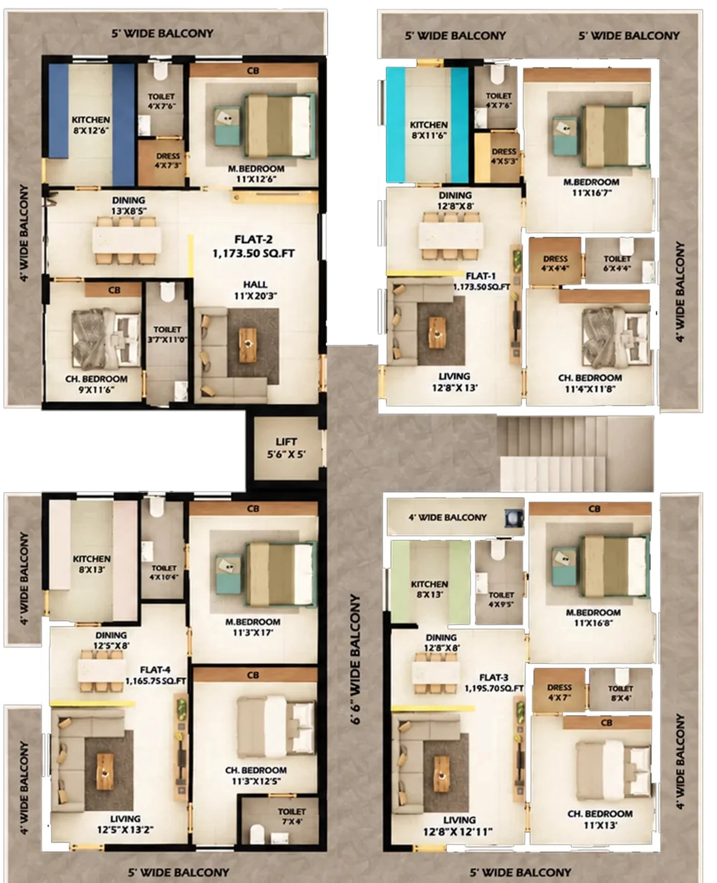 Typical floor plan of Aaradhya Heights showing four 2 BHK flats